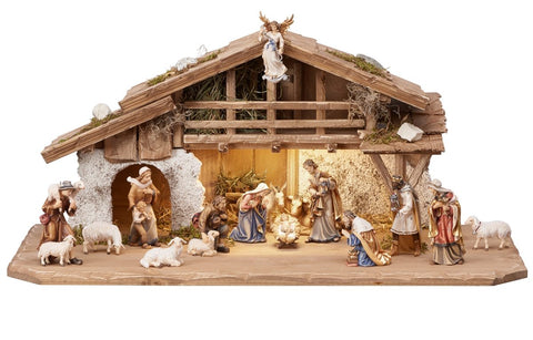 17 Piece Kostner Nativity Set - Alpine Stable with Lighting
