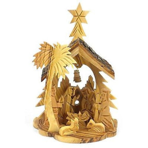 Olive Wood Medium Nativity with Bell in Back - Bethlehem