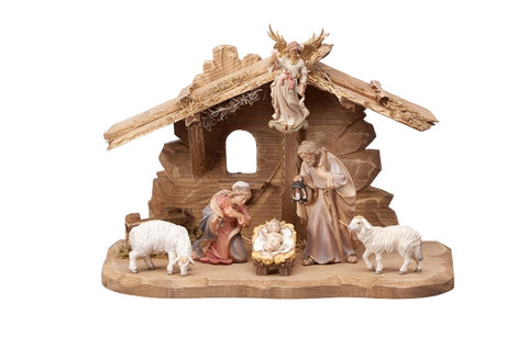8 Piece Zirbel Nativity Set with Stable Tyrol for Holy Family