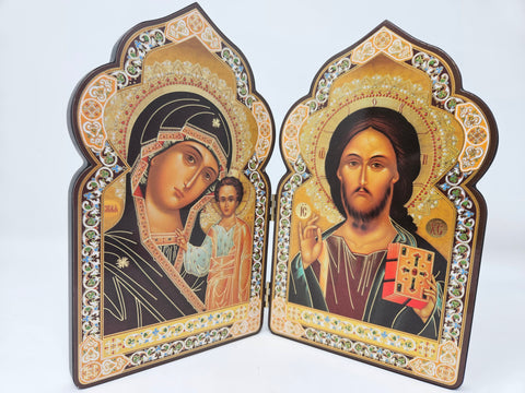 Dome Shaped Byzantine Traditional Nativity Diptych - Virgin with Boy Jesus & Pantokrator