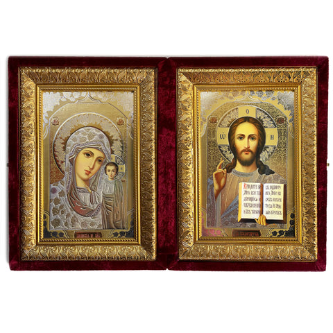 15" Wedding Diptych of Christ and Virgin in Velvet Case