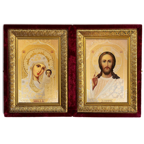 15" Wedding Diptych of Christ and Virgin in Velvet Case