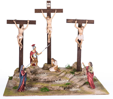 Crucifixion with 7 Figures & Pedestal - Passion Woodcarving