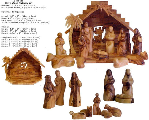 13 Piece Hand Carved Olive Wood Faceless Nativity - Made in Bethlehem