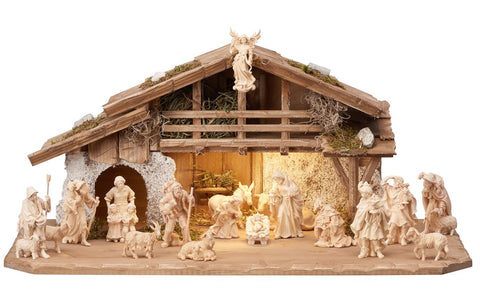 20 Piece Zirbel Nativity Set Alpine stable with lighting