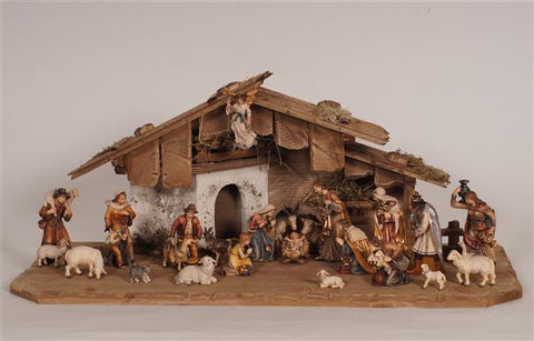 24 Piece Kostner Nativity Set with White Washed Stucco Nativity Stable