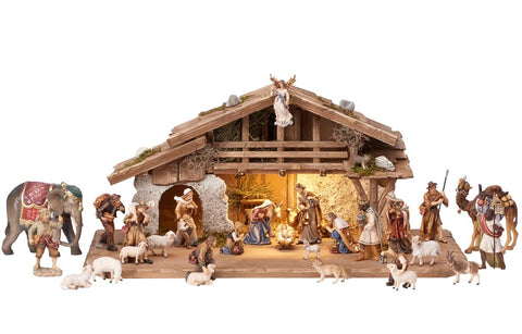 30 Piece Kostner Nativity Set - Alpine stable with lighting