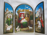 Nativity Triptych Icon, Jesus and Family in Bethlehem, Authentic Russian Icon