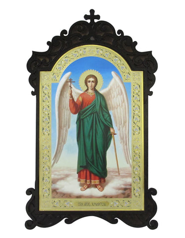 Guardian Angel Holding Cross and Sword Icon - Ornate Wooden Frame