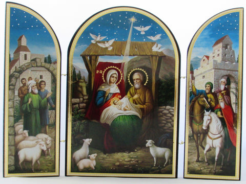 Nativity Triptych Icon, Jesus and Family in Bethlehem, Authentic Russian Icon