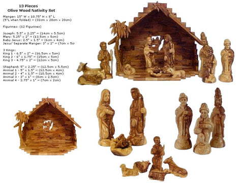 13 Piece Hand Carved Olive Wood Nativity with Faces - Made in Bethlehem